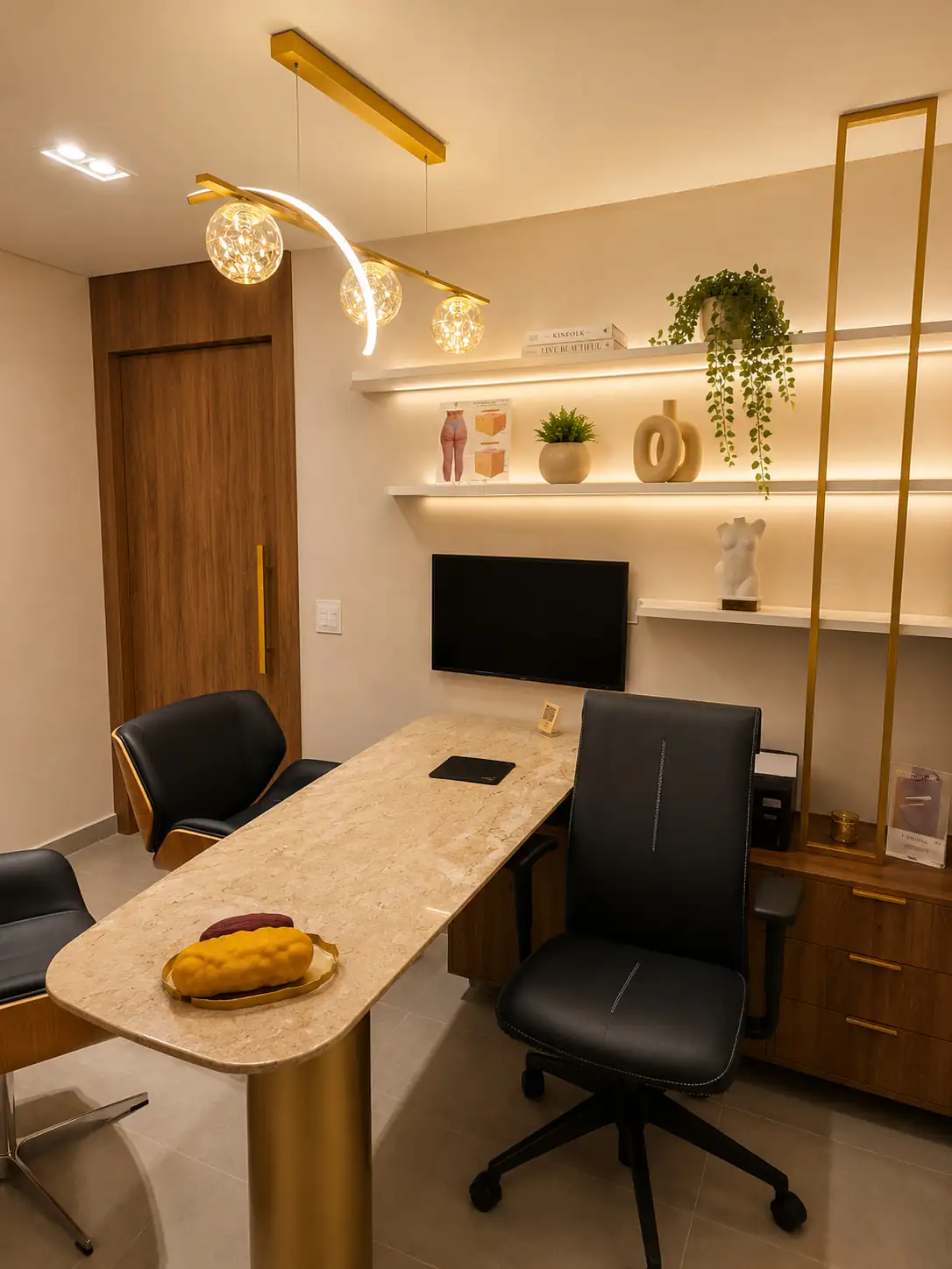 Consultório de atendimento, com mesa de pedra, poltronas e prateleiras iluminadas