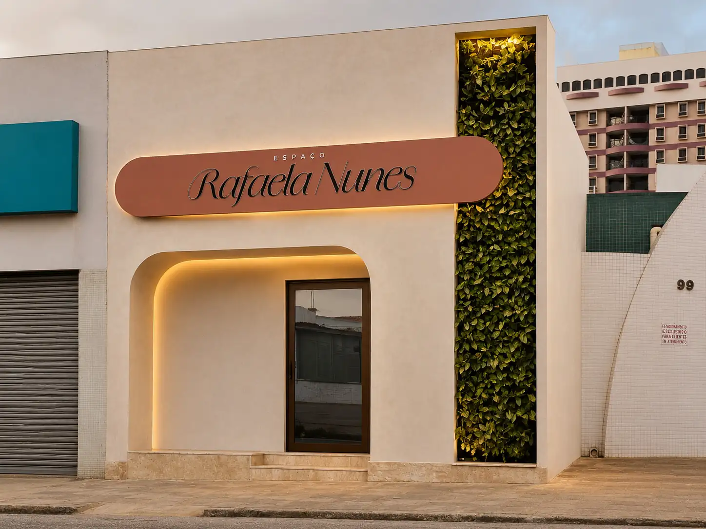 Fachada do Espaço Rafaela Nunes, com letreiro iluminado e jardim vertical, na Rua Treze de Maio, em Campina Grande