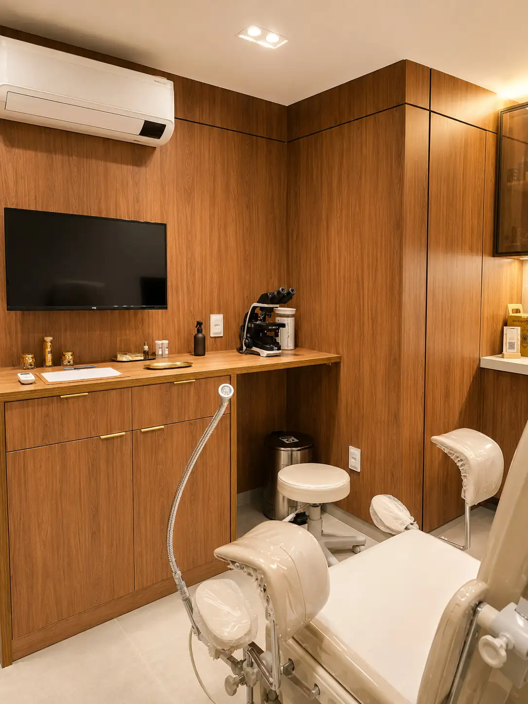Sala de procedimentos com mesa ginecológica, bancada e televisor de apoio